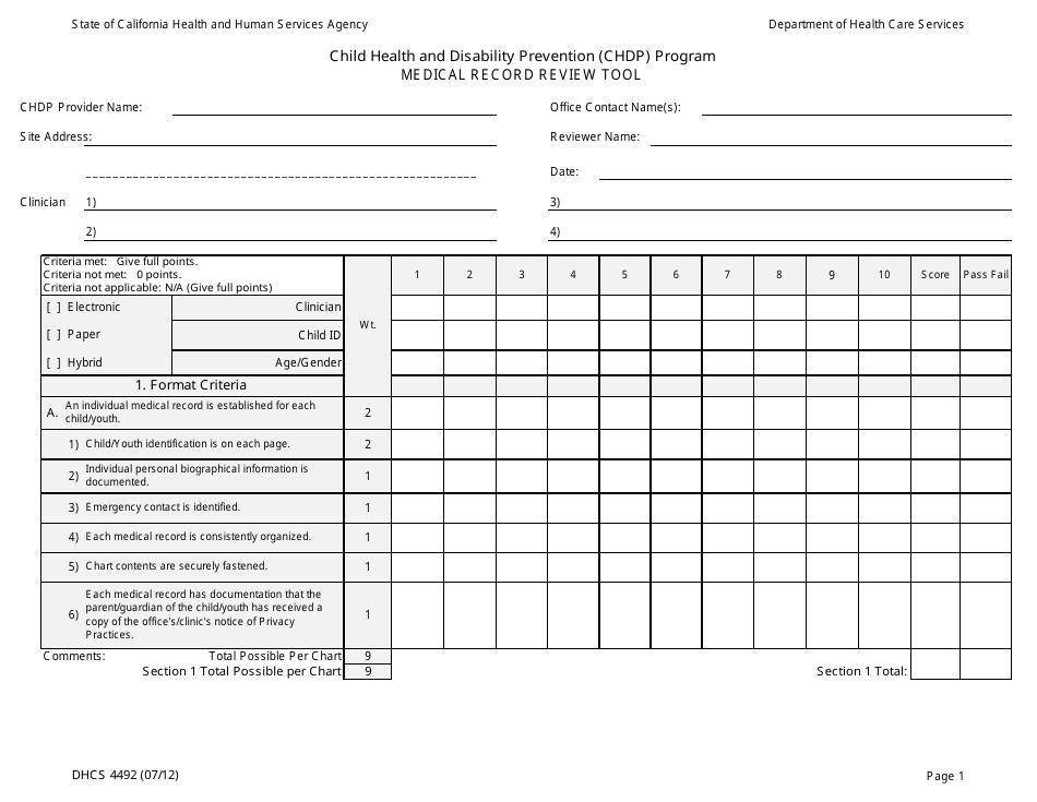 Form DHCS4492 Medical Record Review Tool - California, Page 1