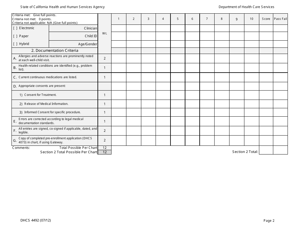 Form DHCS4492 Medical Record Review Tool - California, Page 2