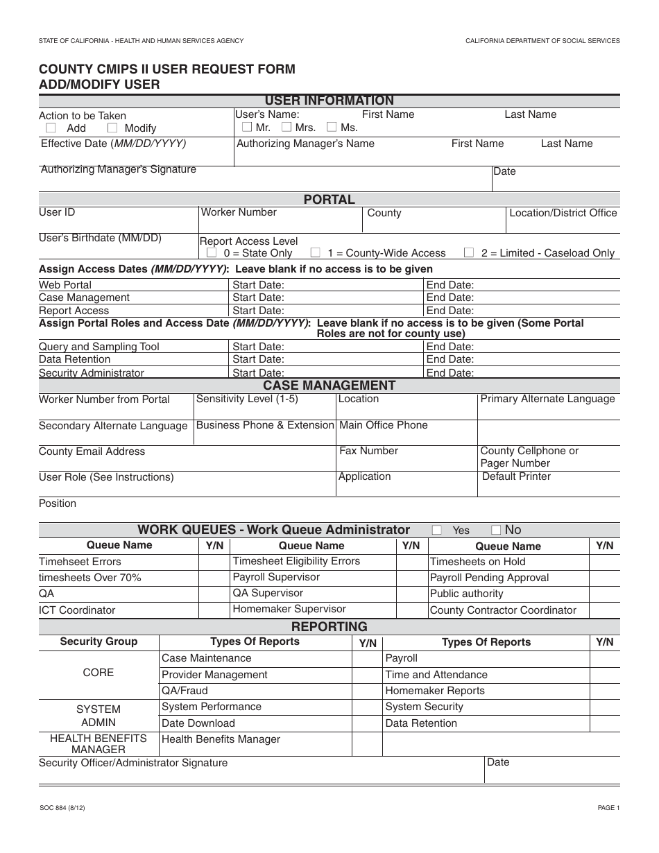 Form SOC884 County Cmips II User Request Form Add / Modify User - California, Page 1