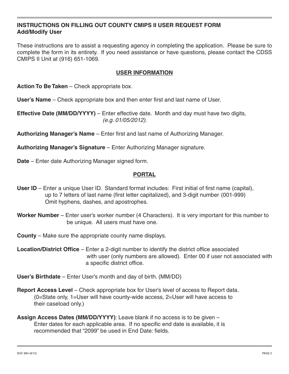 Form SOC884 County Cmips II User Request Form Add / Modify User - California, Page 2