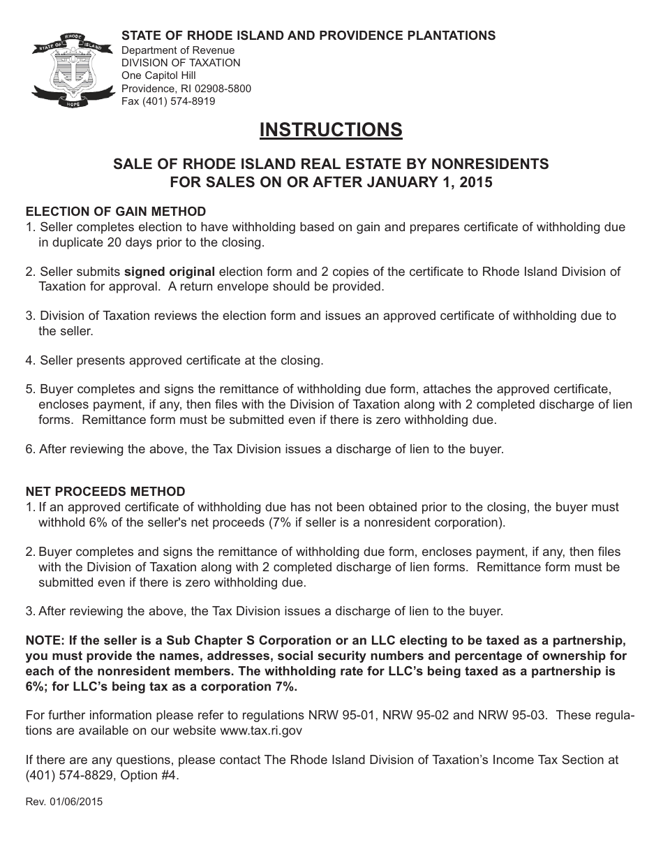 Instructions for Sale of Rhode Island Real Estate by Nonresidents for Sales on or After January 1, 2015 - Rhode Island, Page 1