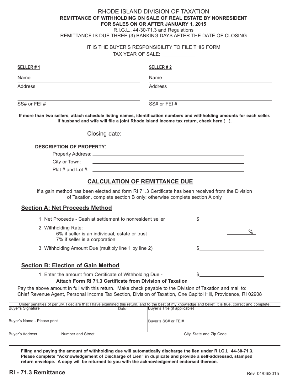 Rhode Island Remittance of Withholding on Sale of Real Estate by