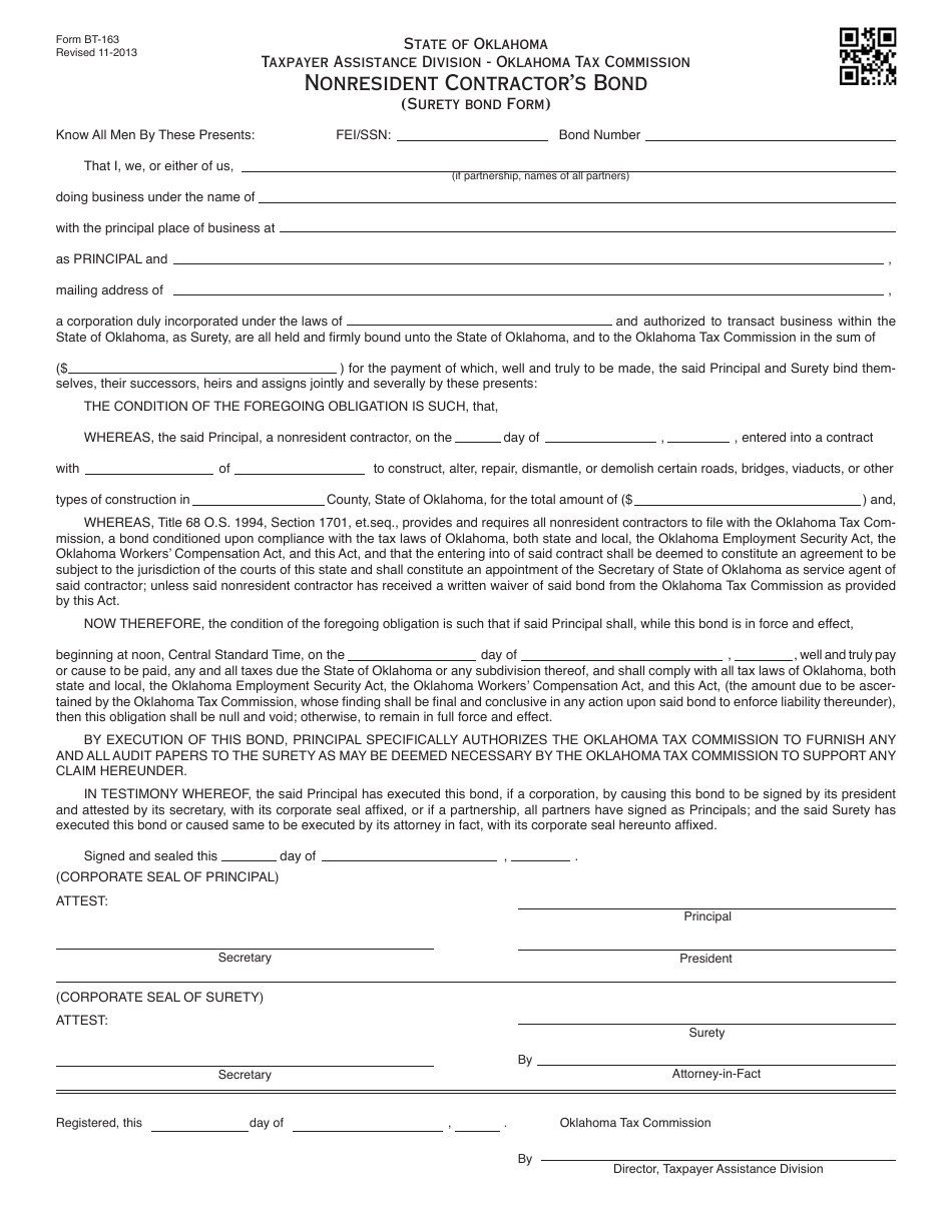 OTC Form BT-163 Nonresident Contractors Bond - Oklahoma, Page 1