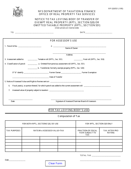 Form RP-520/551  Printable Pdf