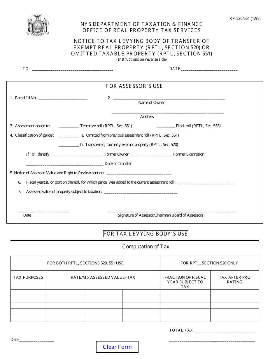 Form RP-520 / 551 Notice to Tax Levying Body of Transfer of Exempt Real Property (Rptl, Section 520) or Omitted Taxable Property (Rptl, Section 551) - New York, Page 1