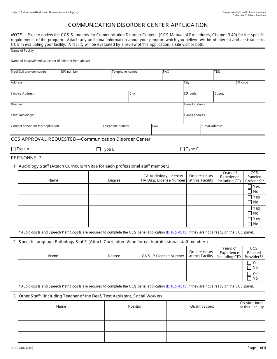Form DHCS4482 Communication Disorder Center Application - California, Page 1