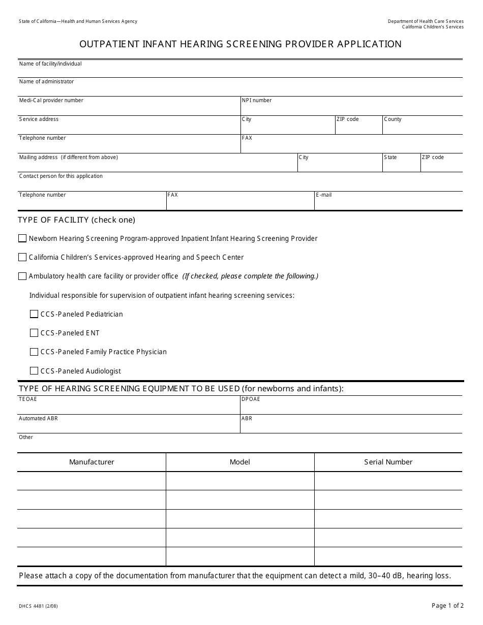 Form DHCS4481 Outpatient Infant Hearing Screening Provider Application - California, Page 1