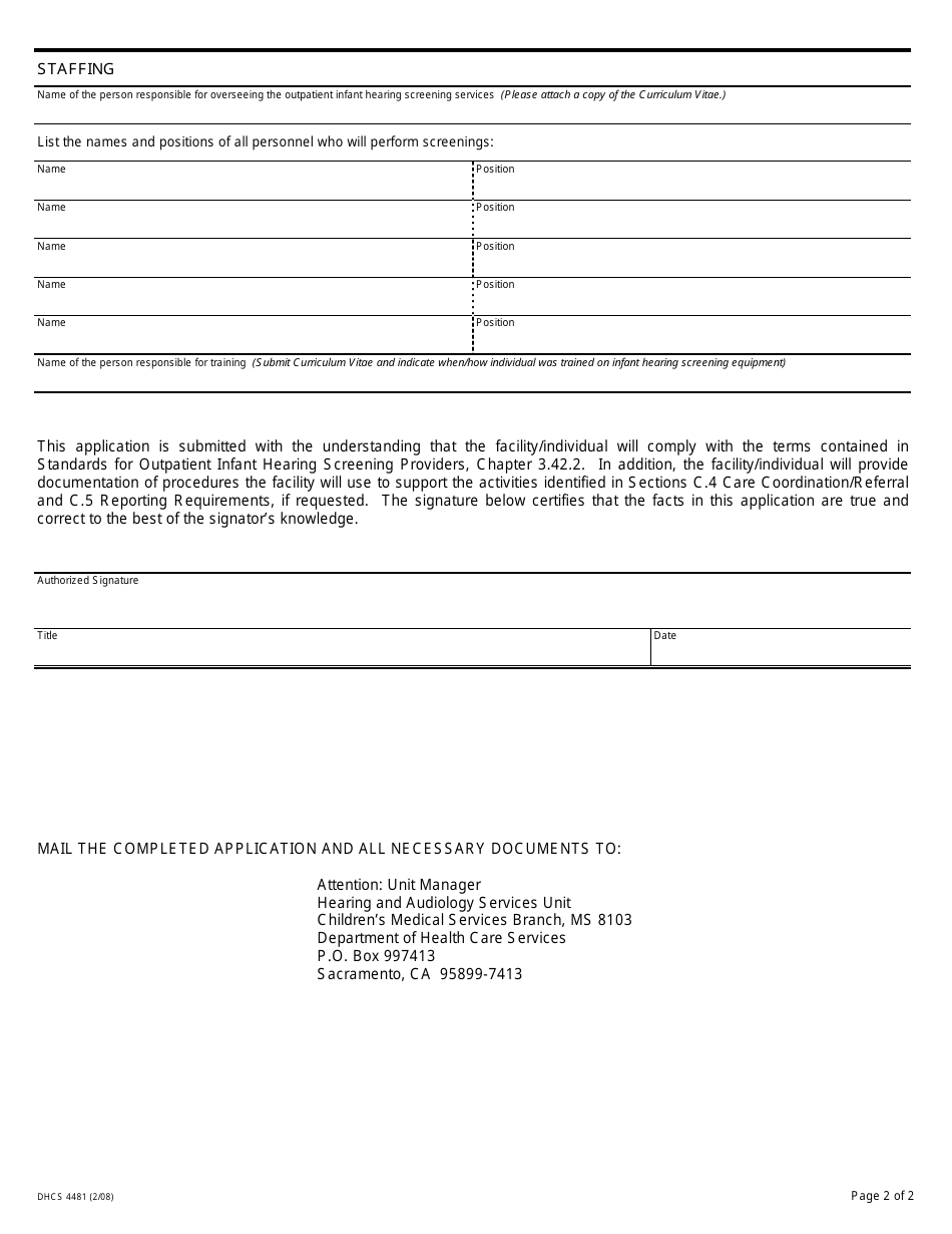 Form DHCS4481 Outpatient Infant Hearing Screening Provider Application - California, Page 2
