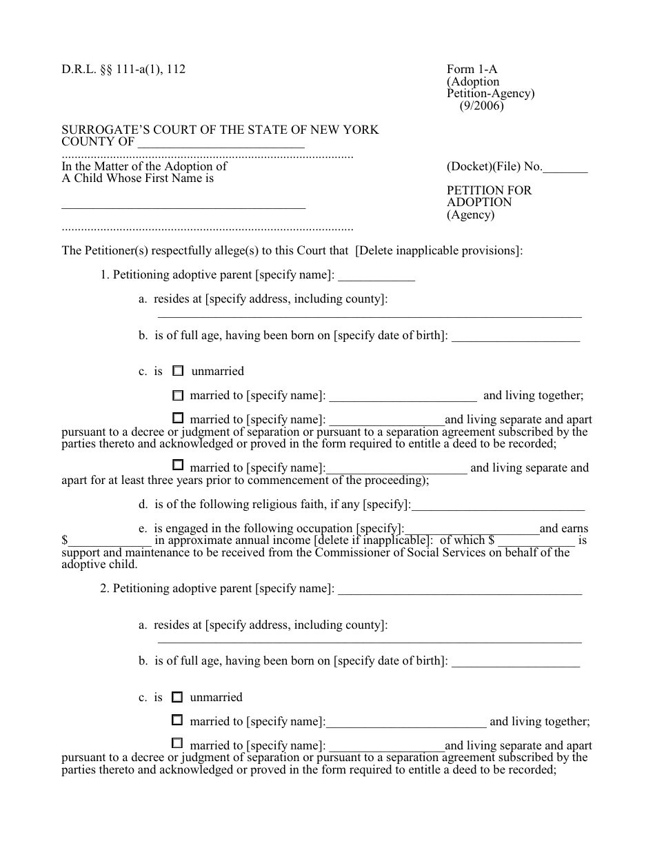 Form 1-A Petition for Adoption (Agency) - New York, Page 1