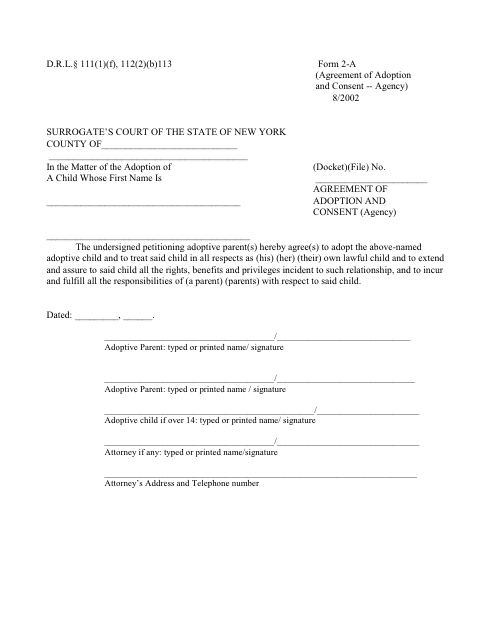 Form 2-A Agreement of Adoption and Consent (Agency) - New York