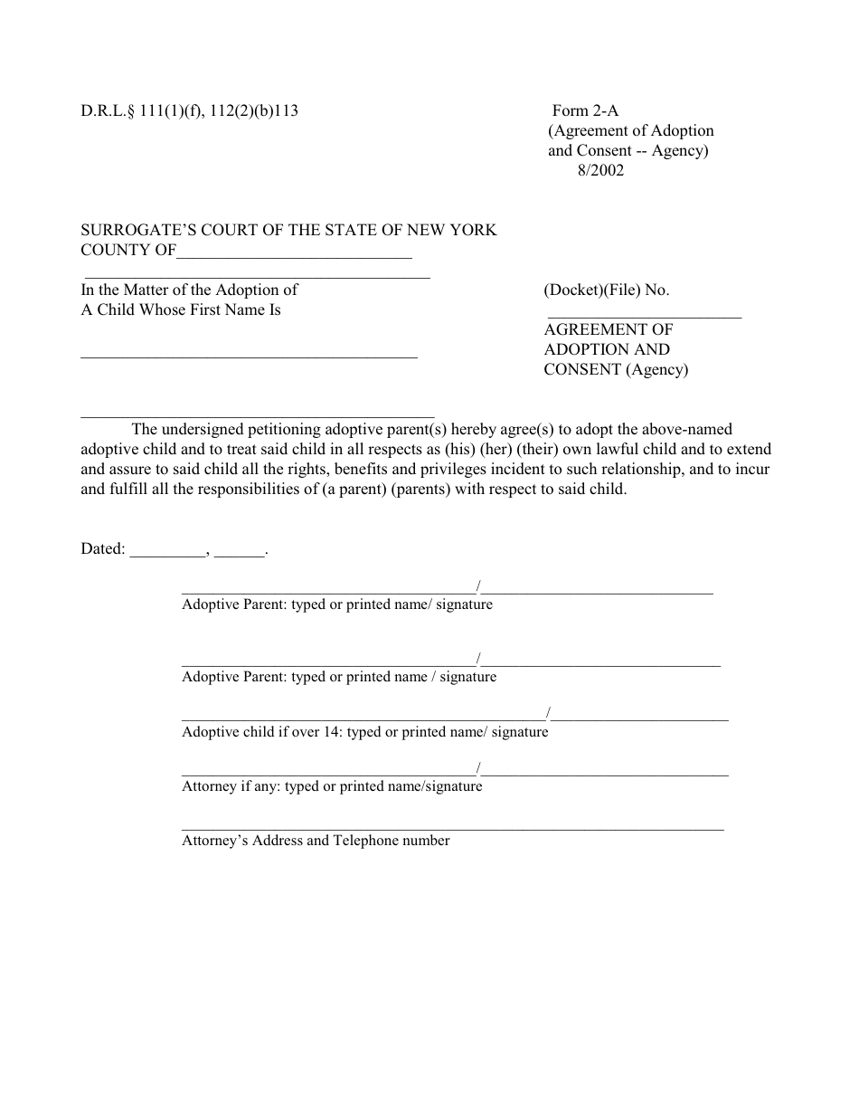 Form 2-A Agreement of Adoption and Consent (Agency) - New York, Page 1