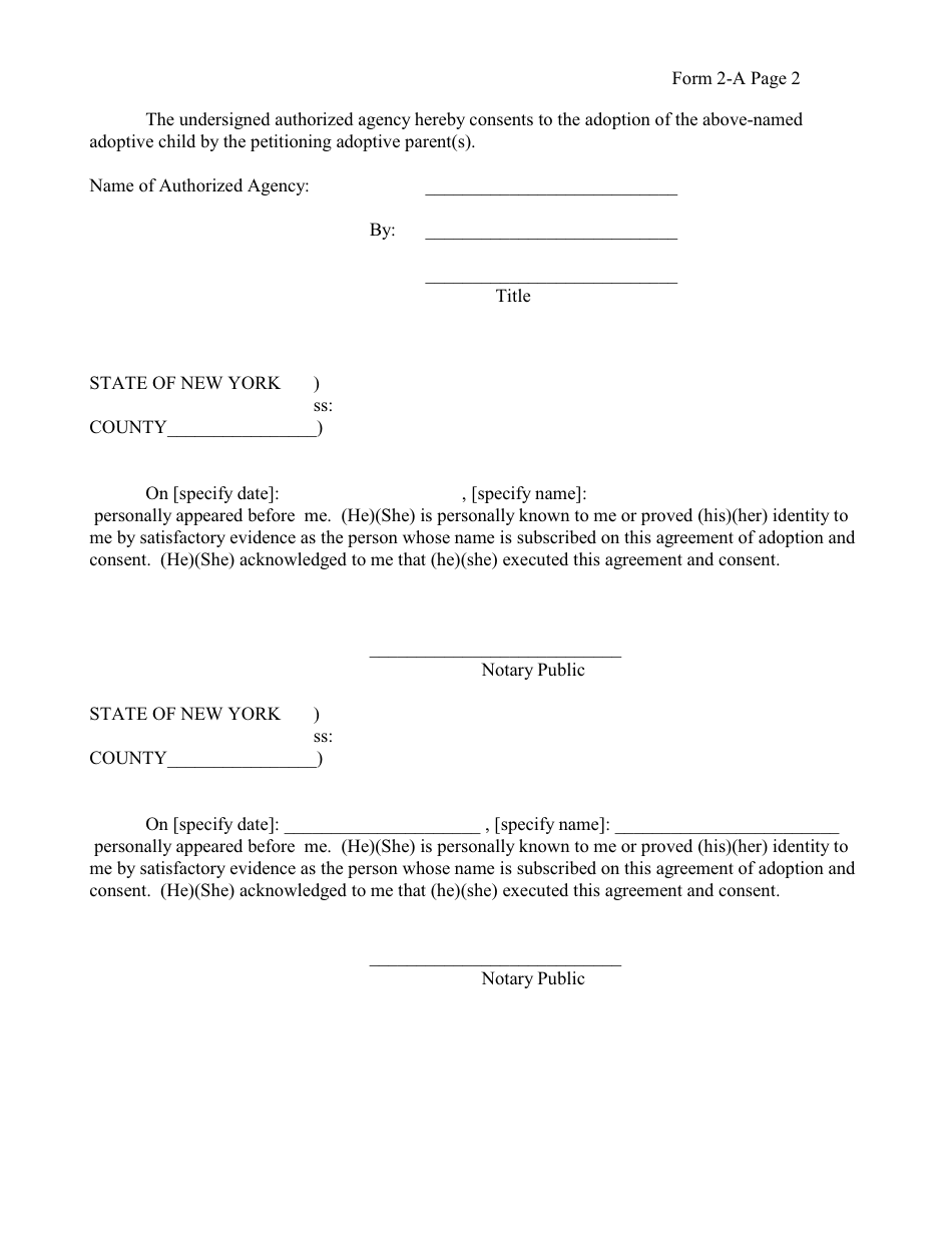 Form 2-A Agreement of Adoption and Consent (Agency) - New York, Page 2