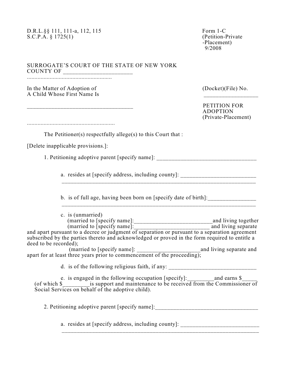 Form 1-C Petition for Adoption (Private-Placement) - New York, Page 1