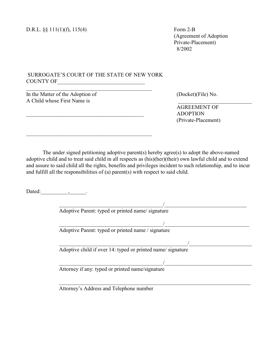 Form 2-B Agreement of Adoption (Private-Placement) - New York, Page 1