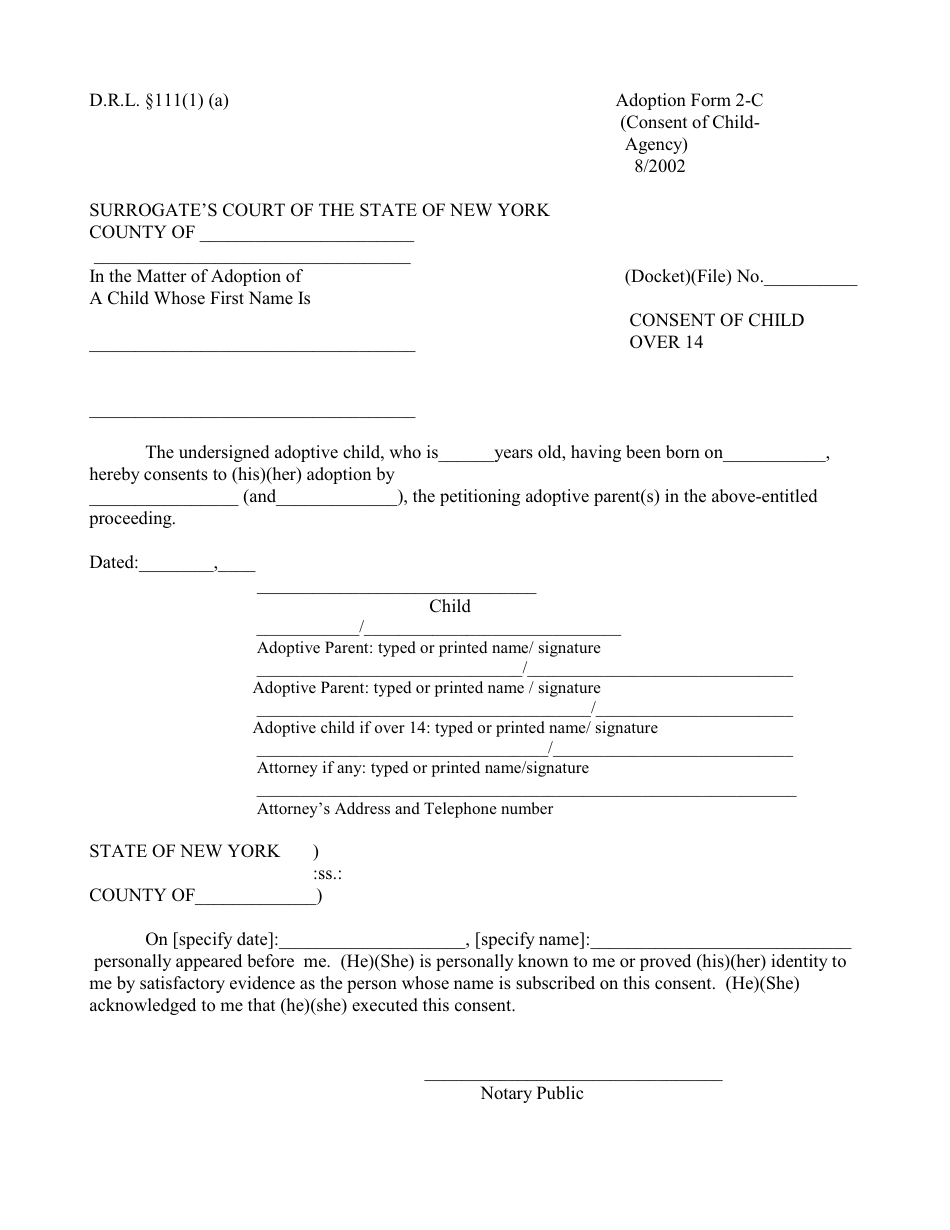 Form 2-C Consent of Child Over 14 - New York, Page 1