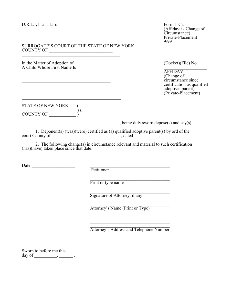 Form 1-CA Affidavit (Change of Circumstance Since Certification as Qualified Adoptive Parents) (Private Placement) - New York, Page 1