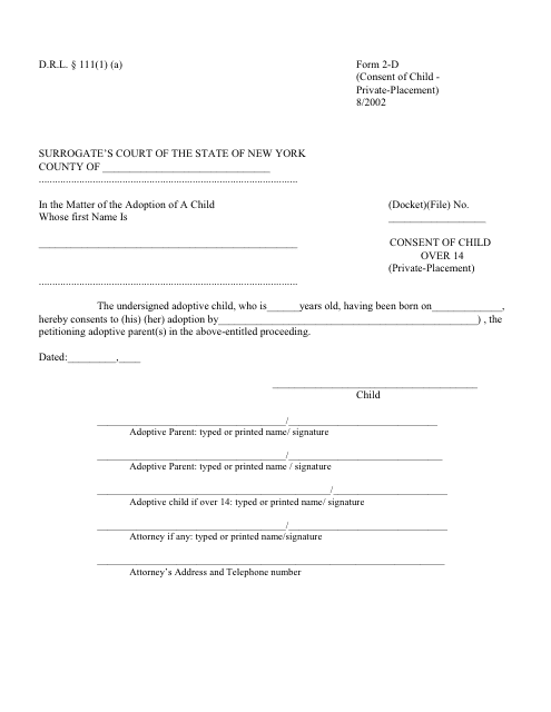 Form 2-D Consent of Child Over 14 (Private-Placement) - New York