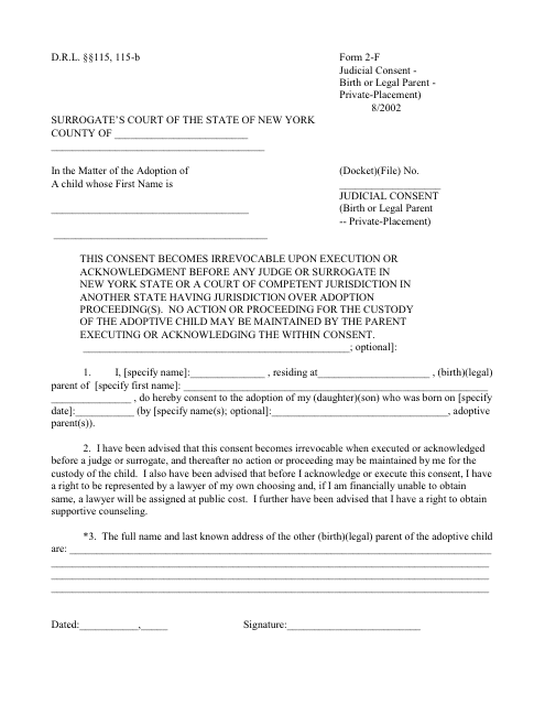 Form 2-F Judicial Consent(Birth or Legal Parent -- Private-Placement) - New York