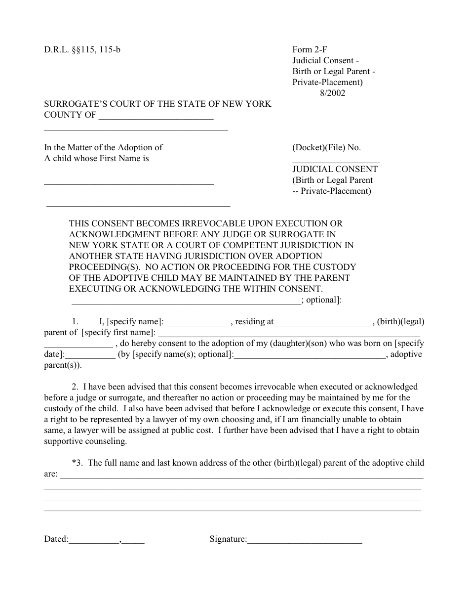 Form 2-F Judicial Consent(Birth or Legal Parent -- Private-Placement) - New York, Page 1