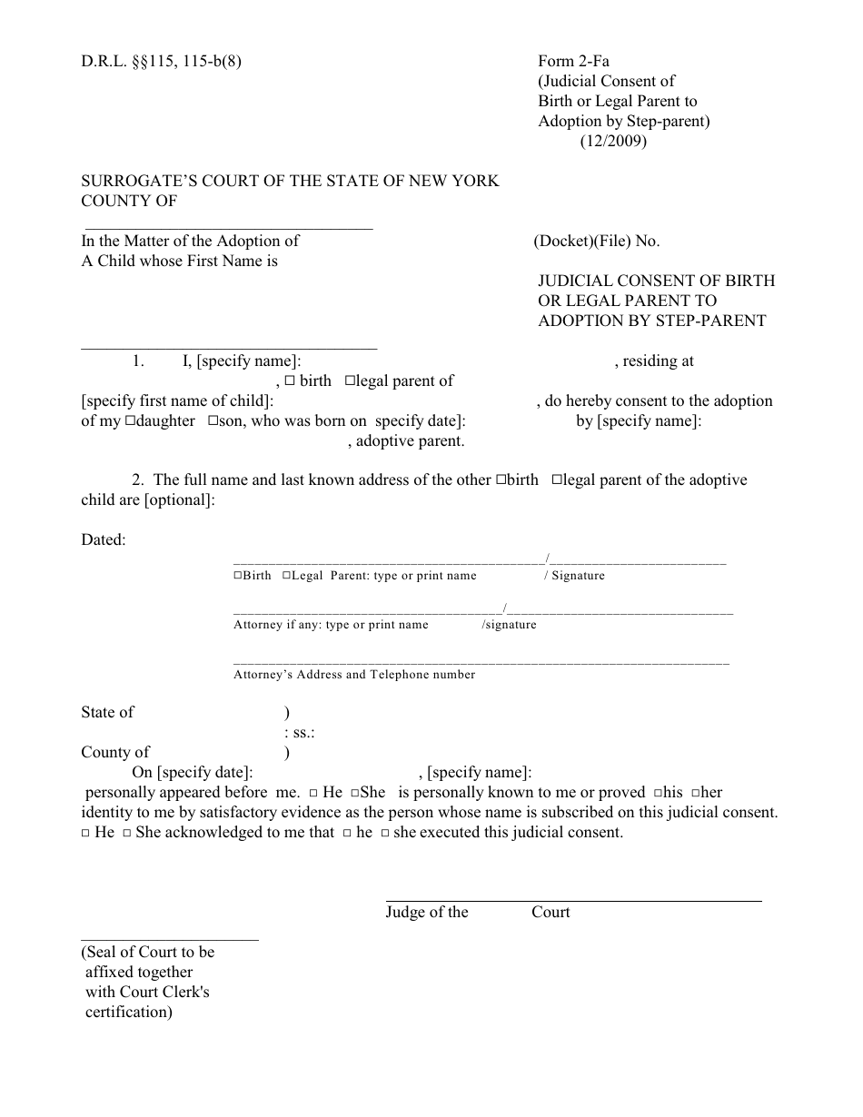 Form 2-FA Judicial Consent of Birth or Legal Parent to Adoption by Step-Parent - New York, Page 1