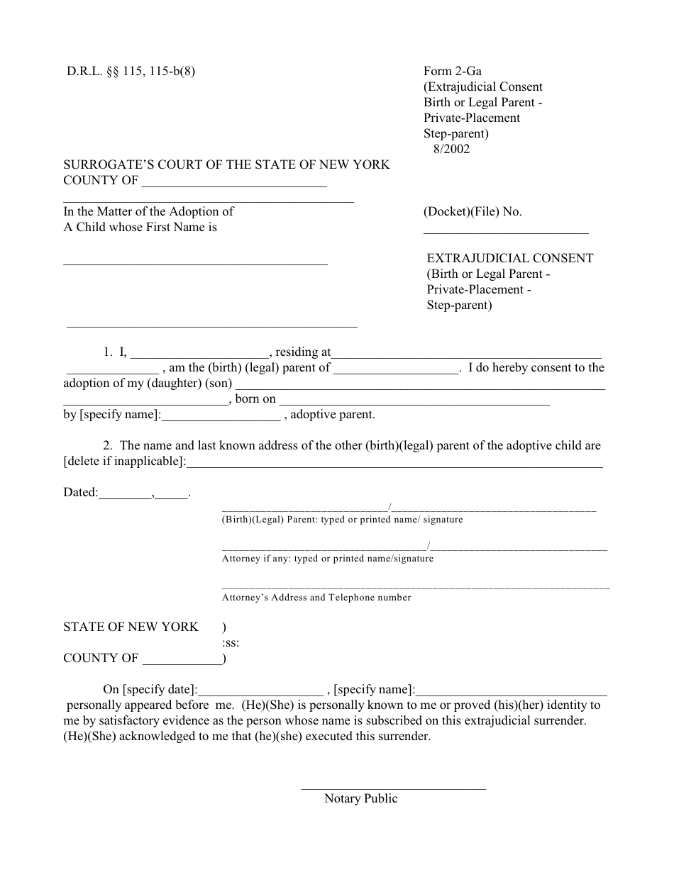 Form 2-Ga Extrajudicial Consent (Birth or Legal Parent - Private-Placement - Step-Parent) - New York, Page 1
