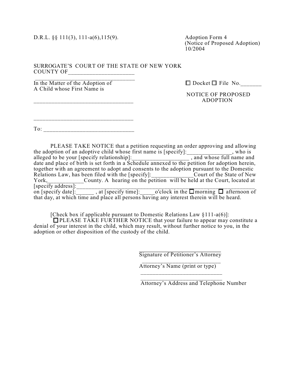 Form 4 Notice of Proposed Adoption - New York, Page 1