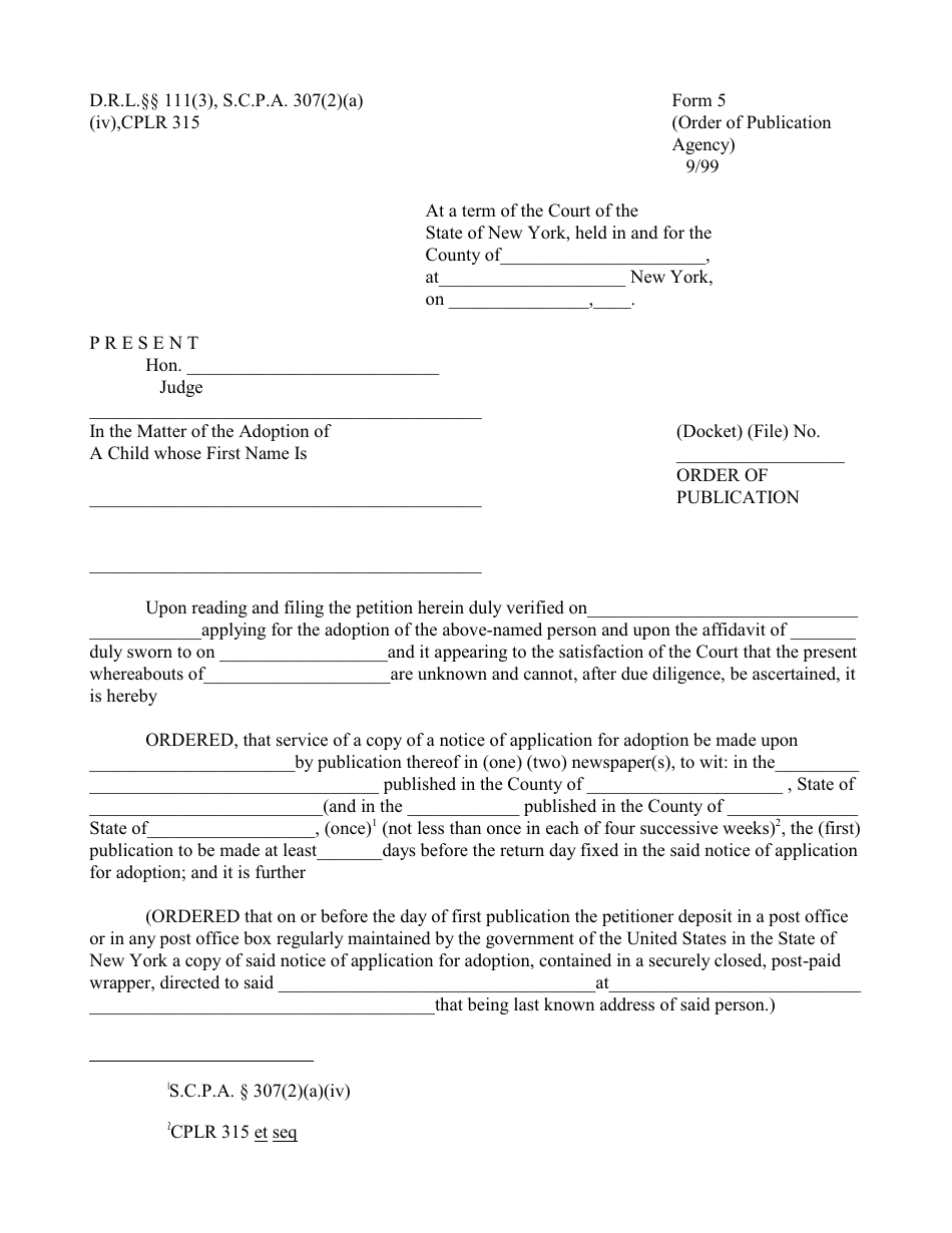 Form 5 Order of Publication - New York, Page 1