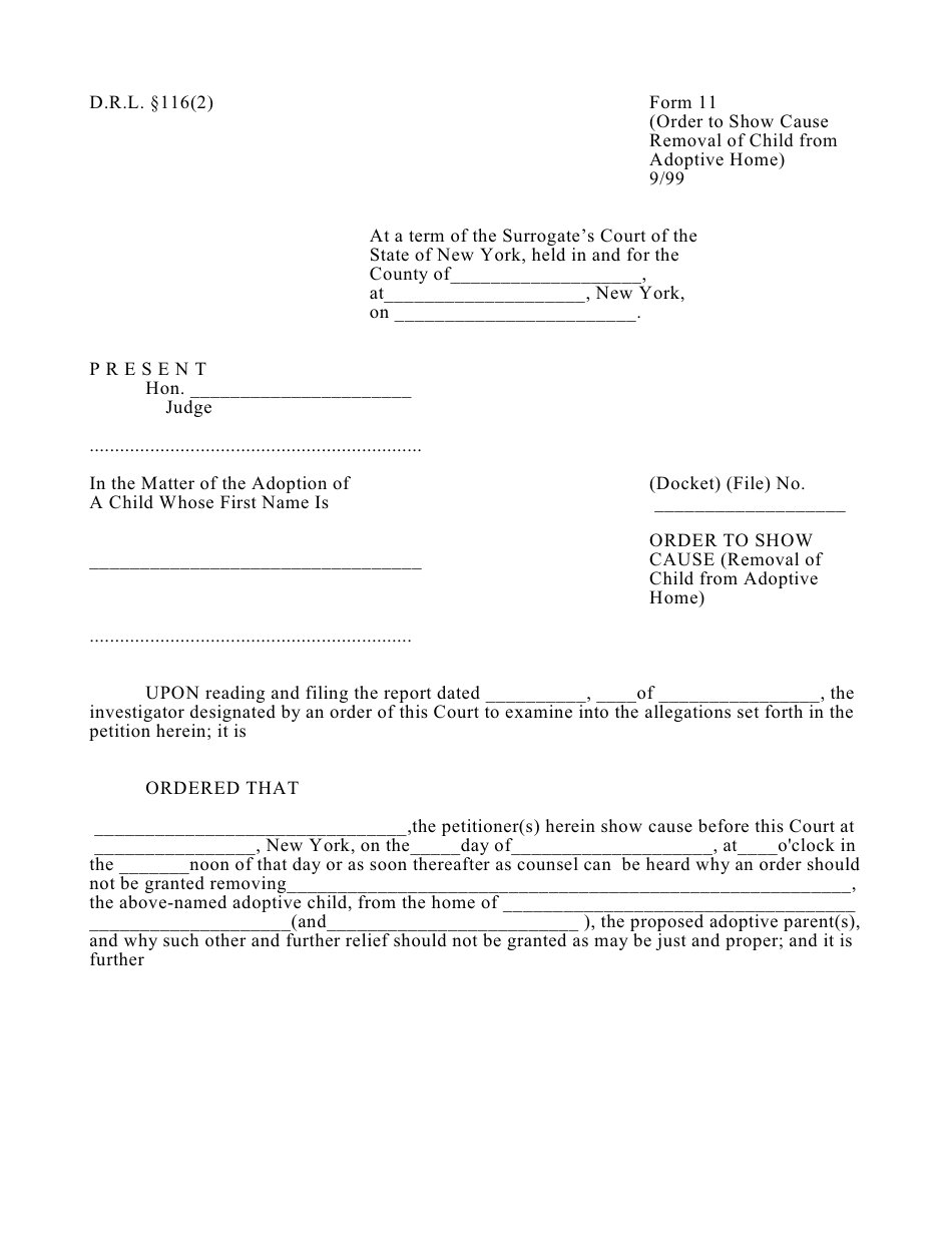Form 11 Order to Show Cause (Removal of Child From Adoptive Home) - New York, Page 1