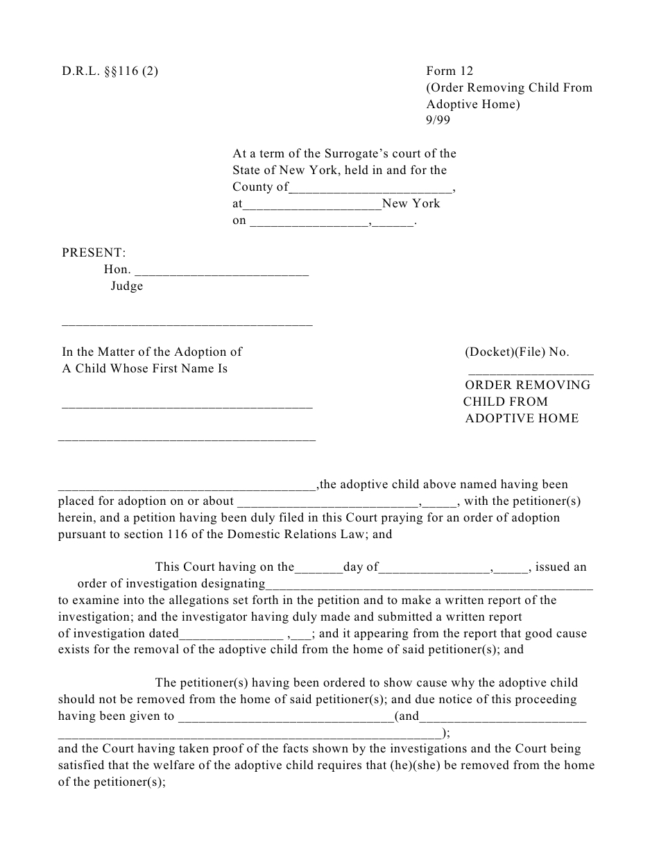 Form 12 Order Removing Child From Adoptive Home - New York, Page 1