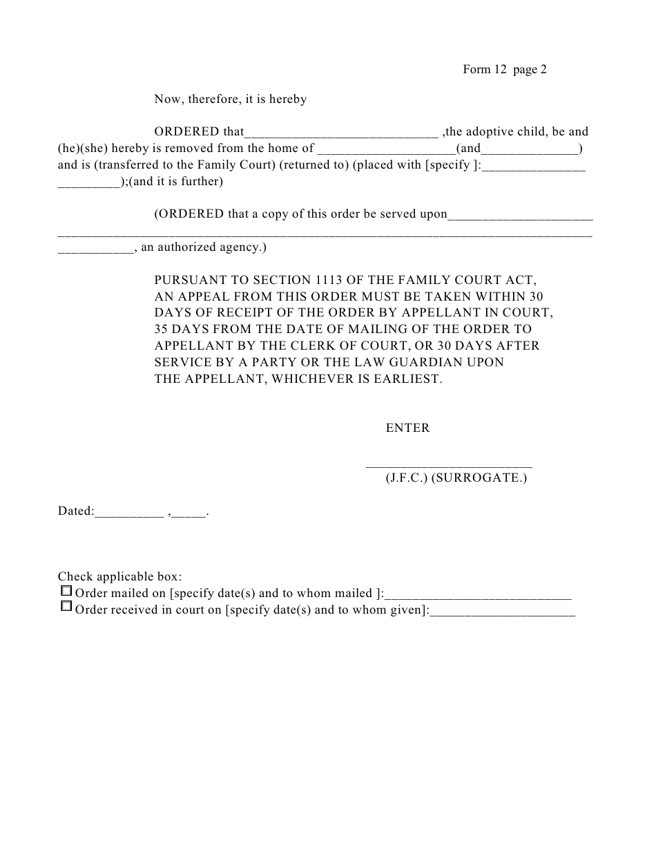 Form 12 Order Removing Child From Adoptive Home - New York, Page 2
