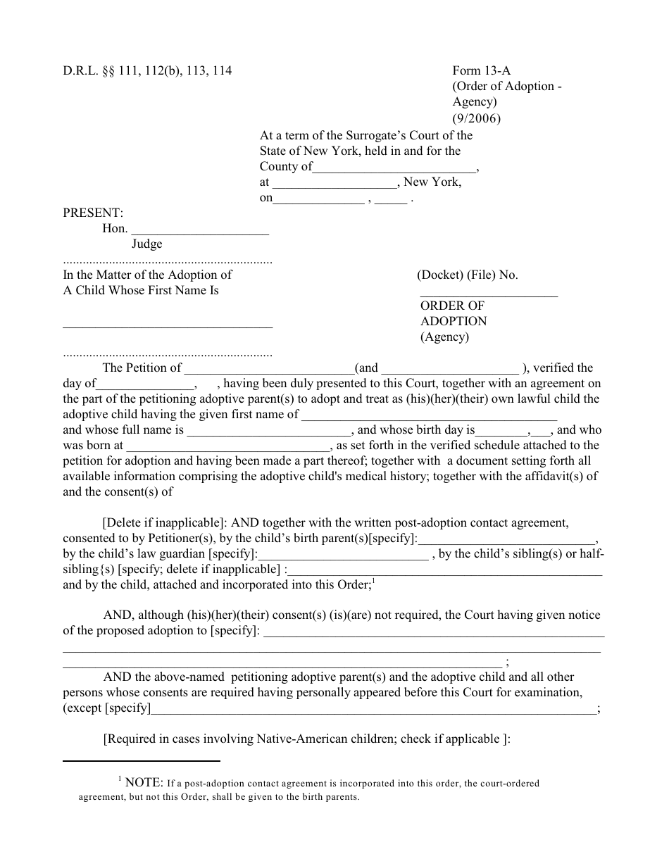 Form 13-A Order of Adoption (Agency) - New York, Page 1