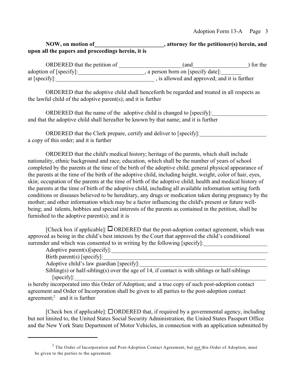 Form 13-A Order of Adoption (Agency) - New York, Page 3