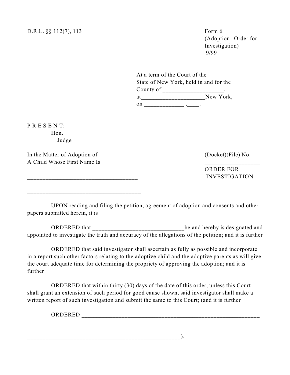 Form 6 Order for Investigation - New York, Page 1
