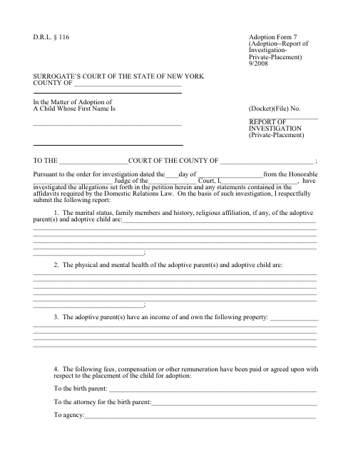 Form 7 Report of Investigation - Private-Placement - New York