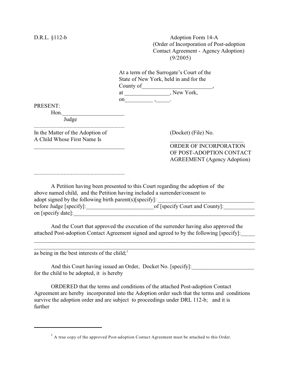 Form 14-A Order of Incorporation of Post-adoption Contact Agreement - New York, Page 1