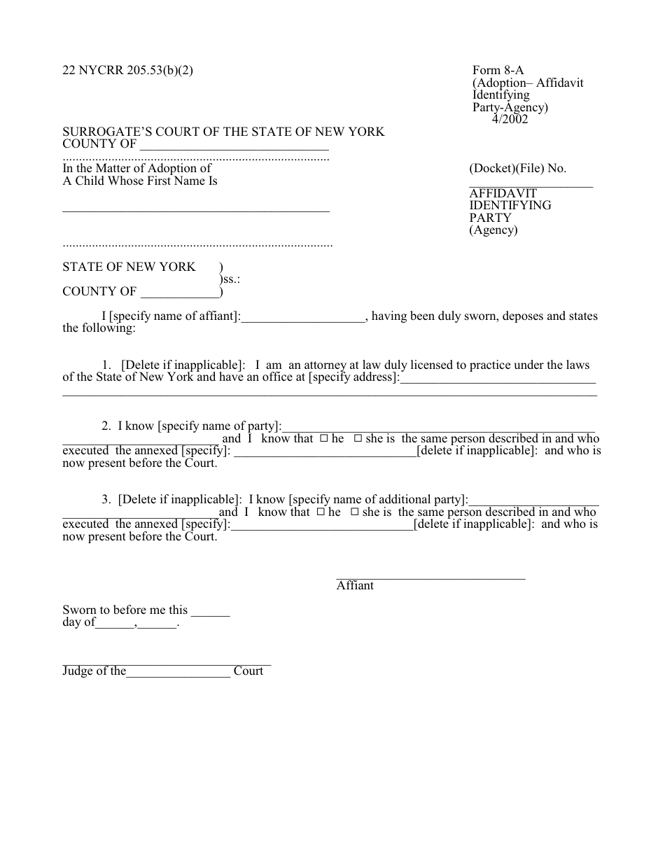 Form 8-A Affidavit Identifying Party (Agency) - New York, Page 1
