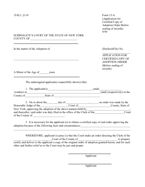 Form 15-A Application for Certified Copy of Adoption Order - New York