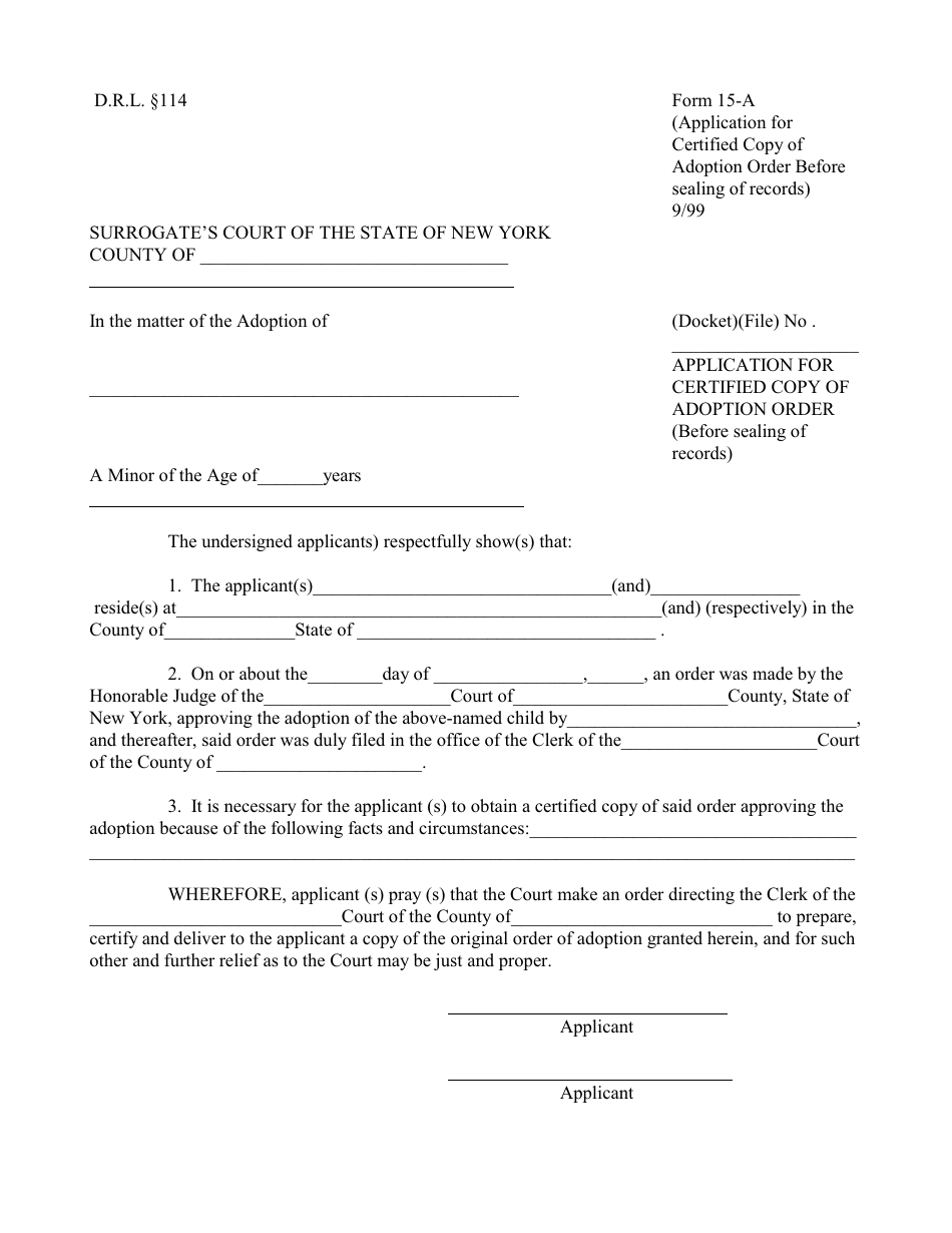 Form 15-A Application for Certified Copy of Adoption Order - New York, Page 1