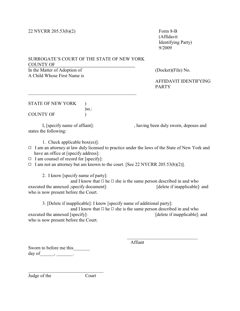 Form 8-B Affidavit Identifying Party - New York, Page 1