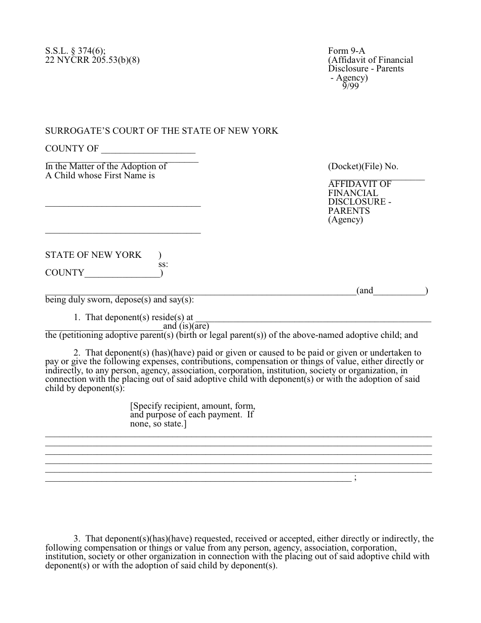 Form 9-A Affidavit of Financial Disclosure - Parents (Agency) - New York, Page 1