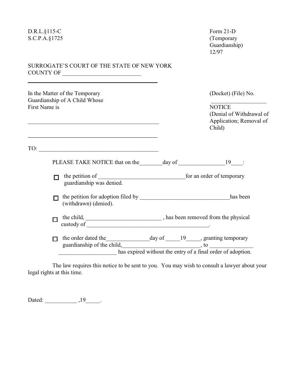 Form 21-D Notice (Denial of Withdrawal of Application; Removal of Child) - New York, Page 1