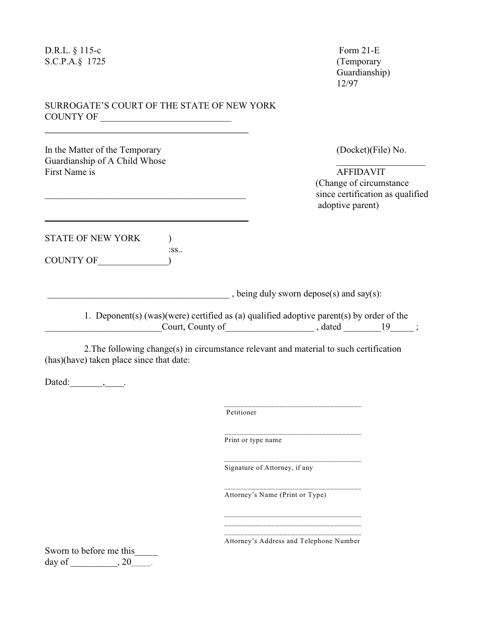 Form 21-E Affidavit (Change of Circumstance Since Certification as Qualified Adoptive Parent) - New York, Page 1