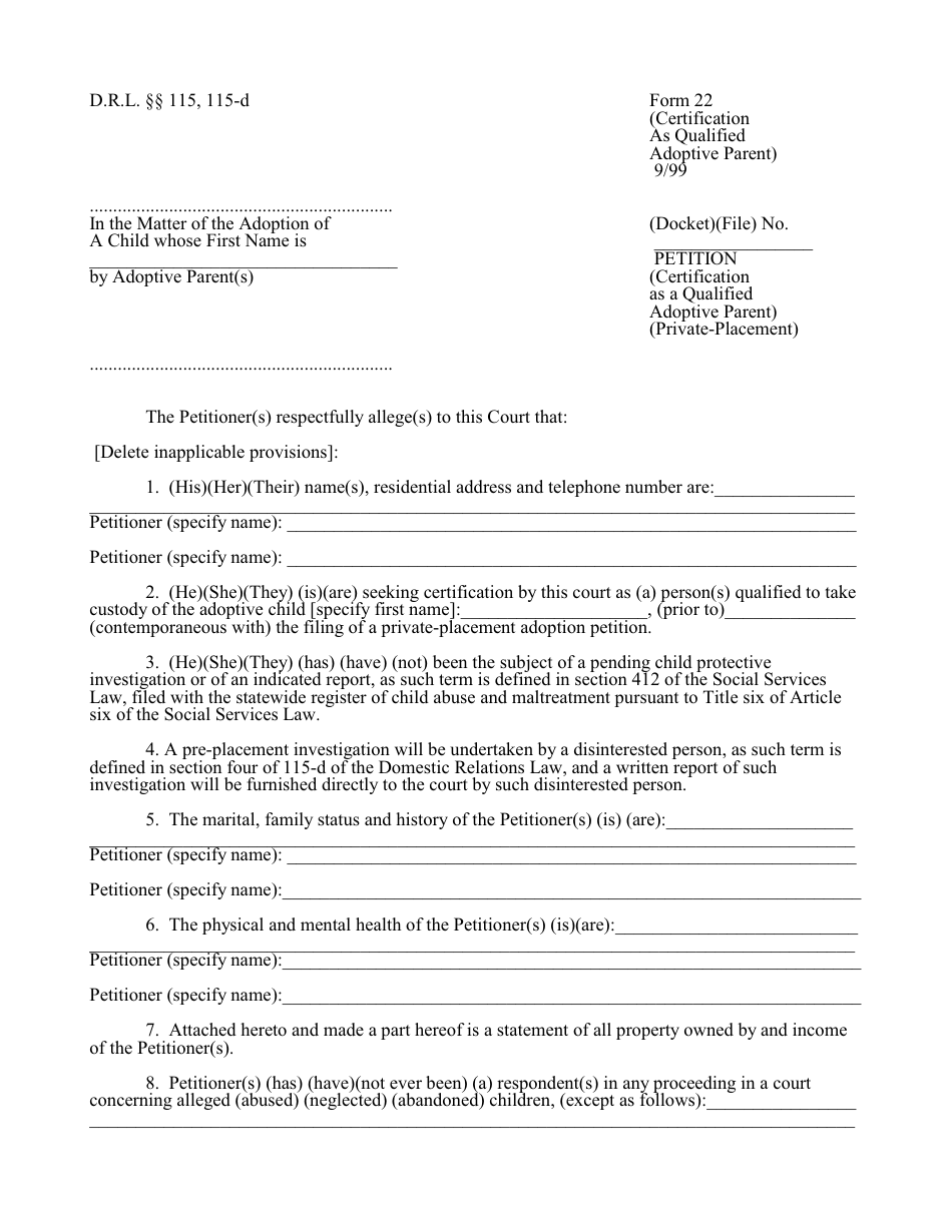 Form 22 Petition (Certification as a Qualified Adoptive Parent) (Private-Placement) - New York, Page 1