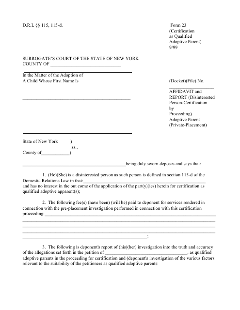 Form 23 Affidavit and Report (Disinterested Person-Certification by Proceeding) Adoptive Parent (Private-Placement) - New York