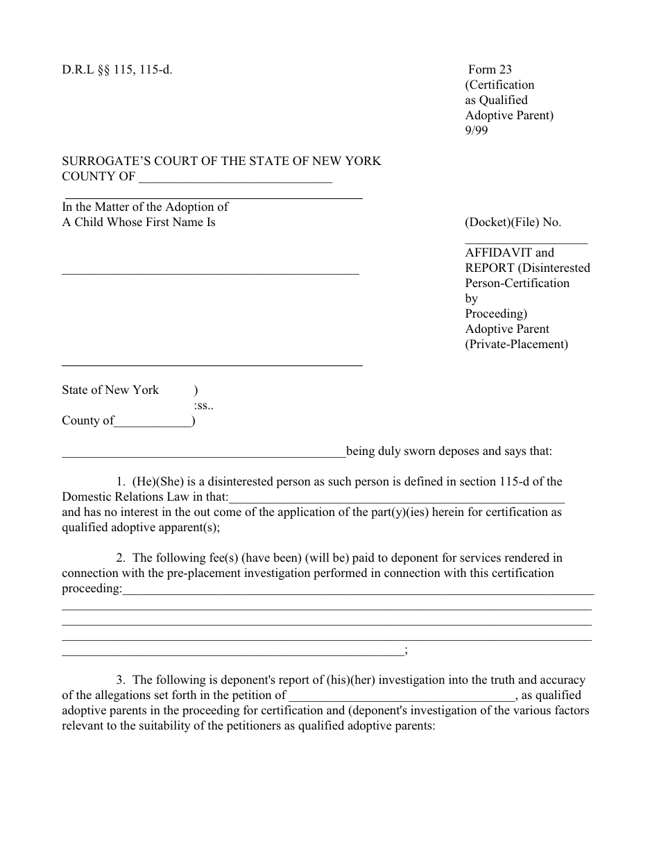 Form 23 Affidavit and Report (Disinterested Person-Certification by Proceeding) Adoptive Parent (Private-Placement) - New York, Page 1