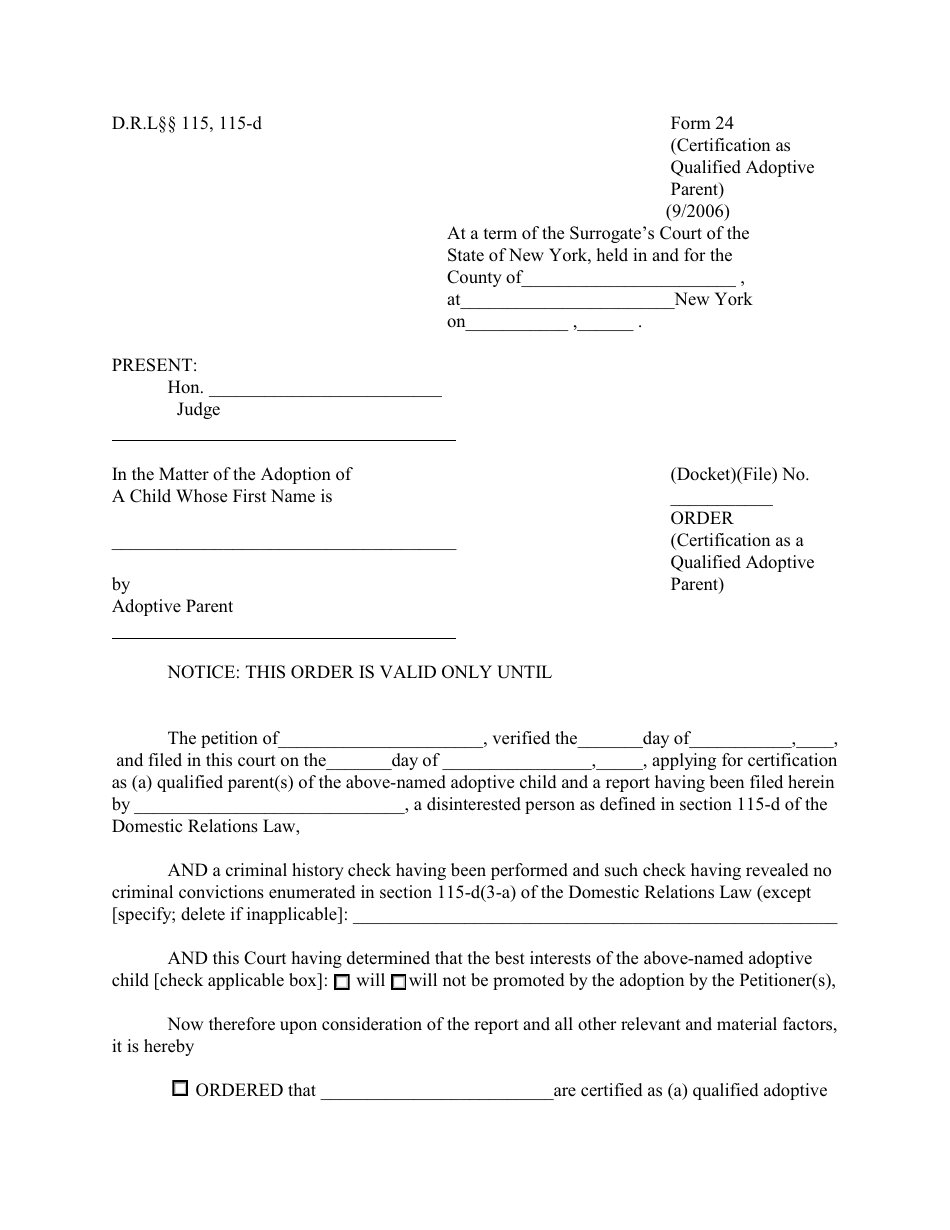 Form 24 Order (Certification as a Qualified Adoptive by Parent) - New York, Page 1