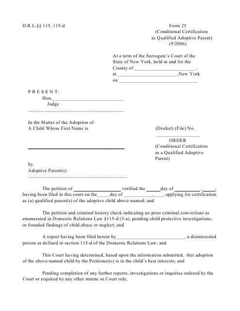 Form 25 Order (Conditional Certification as a Qualified Adoptive Parent) - New York