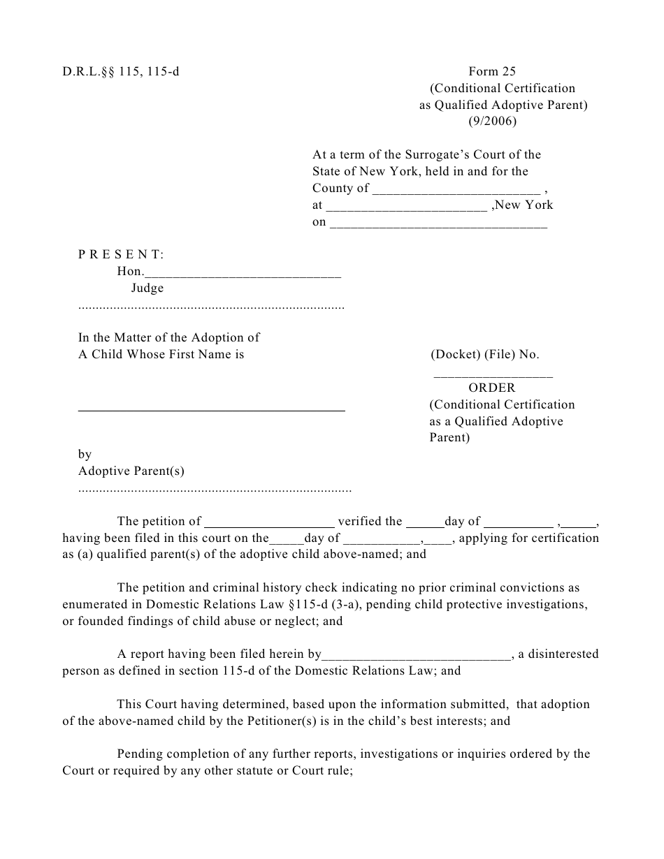 Form 25 Order (Conditional Certification as a Qualified Adoptive Parent) - New York, Page 1