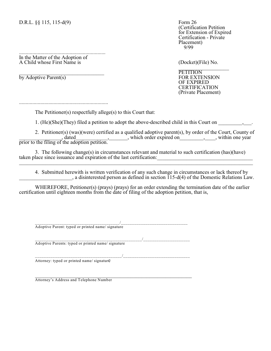 Form 26 Petition for Extension of Expired Certification (Private Placement) - New York, Page 1