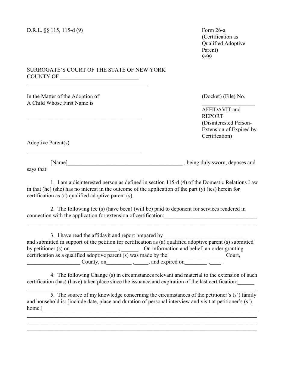 Form 26-a Affidavit and Report (Disinterested Person-Extension of Expired by Certification) - New York, Page 1